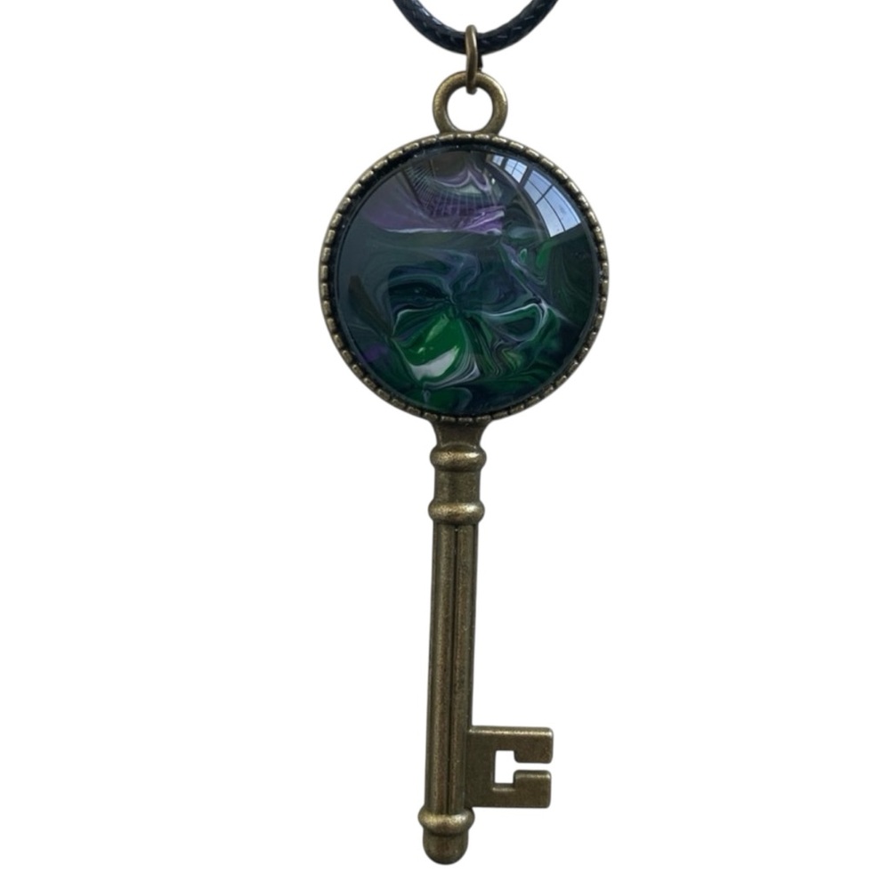 Handmade Fluid Art Key Pendant Necklace Green Purple Antique Style